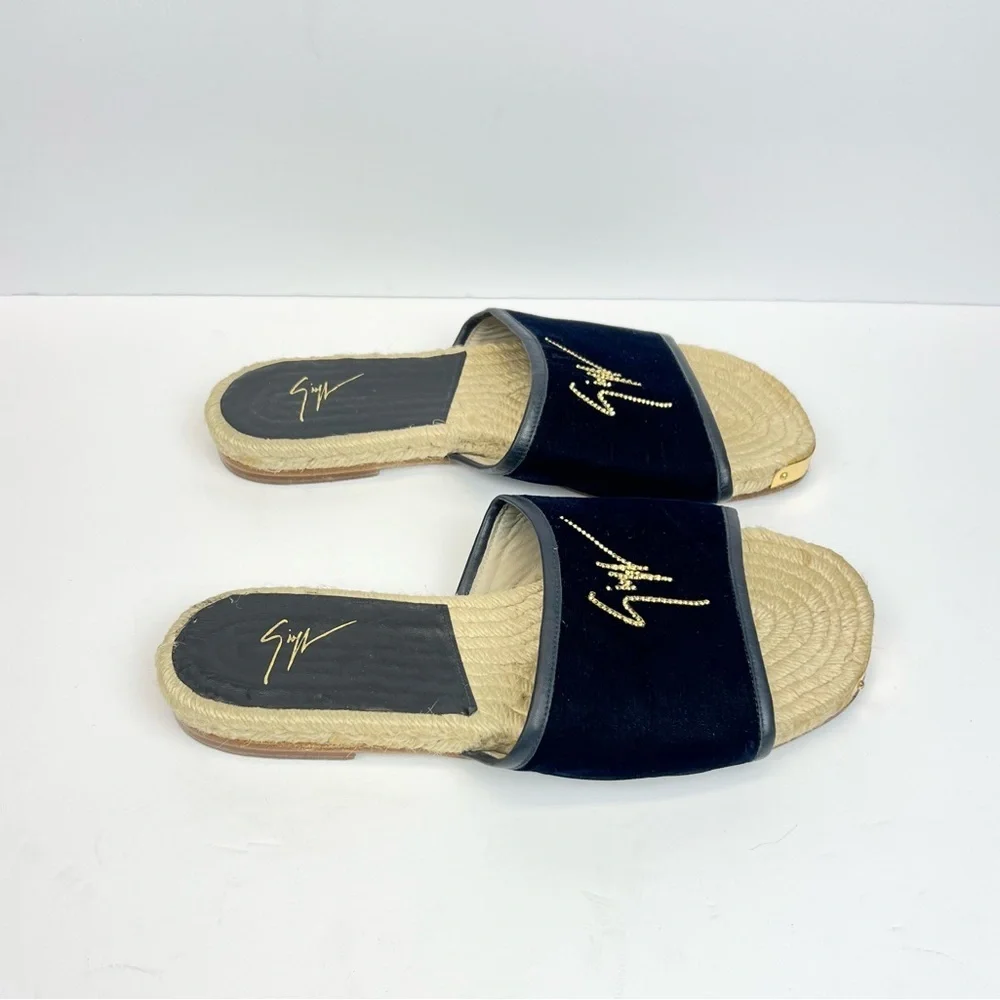 Giuseppe Zanotti Brett Slides Black Velvet Upper Gold-tone Us 13 EU 44 Sandals